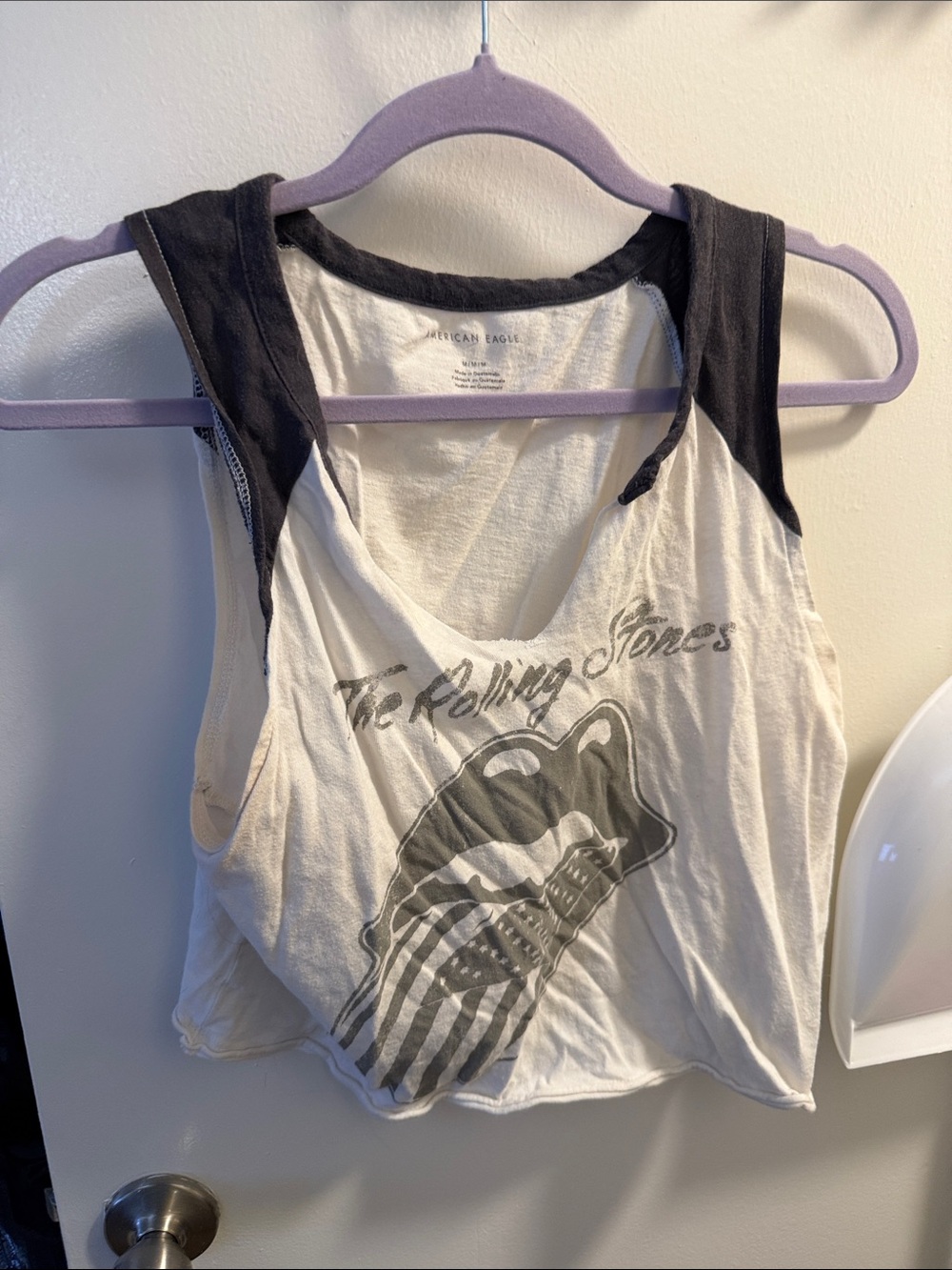 American Eagle Outfitters White Tank with Black Trim and Band Graphic